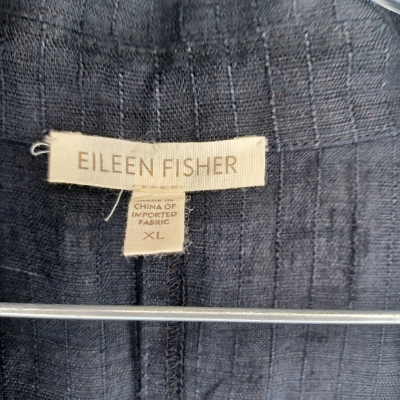 Eileen Fisher 3/4 Sleeve Black Striped Plaid 100% Linen Button-Up Blazer - Picture 2 of 14